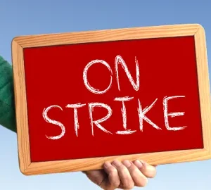 person holding up a sign with the words on strike written on it hkama adobestock 898627823