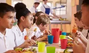 children have school lunch together with lunchtime supervisors in the background monkey business adobe stock 112287238